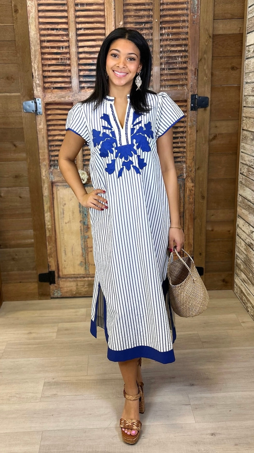 Naomi Striped Midi Dress - White & Blue