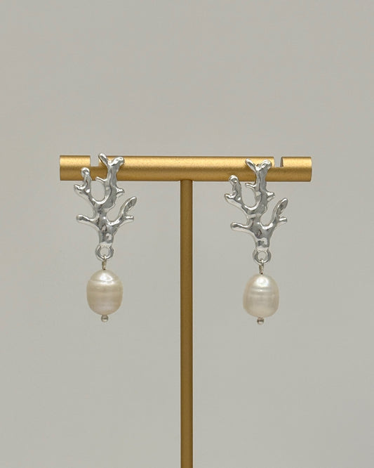 Silver Coral Pearl Drop Earrings