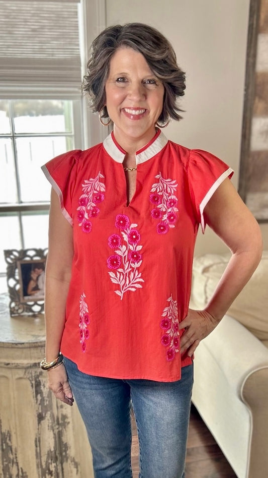 Izzy Floral Top - Tomato