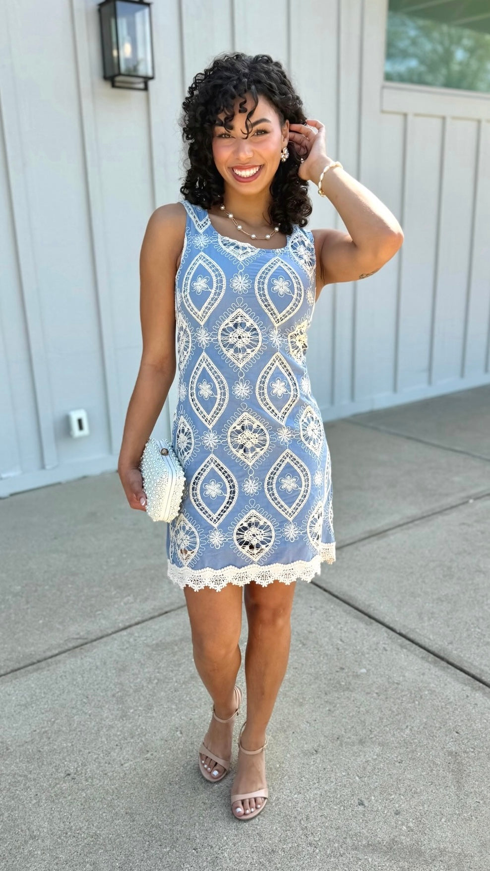 Cassie Floral Crochet Overlay Dress - Blue