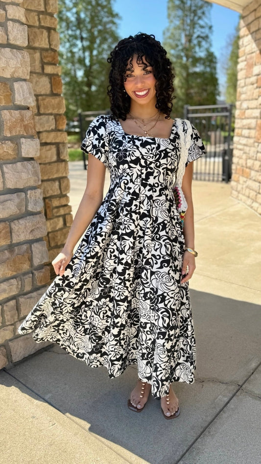 Theresa  Print Midi Dress - Black/White