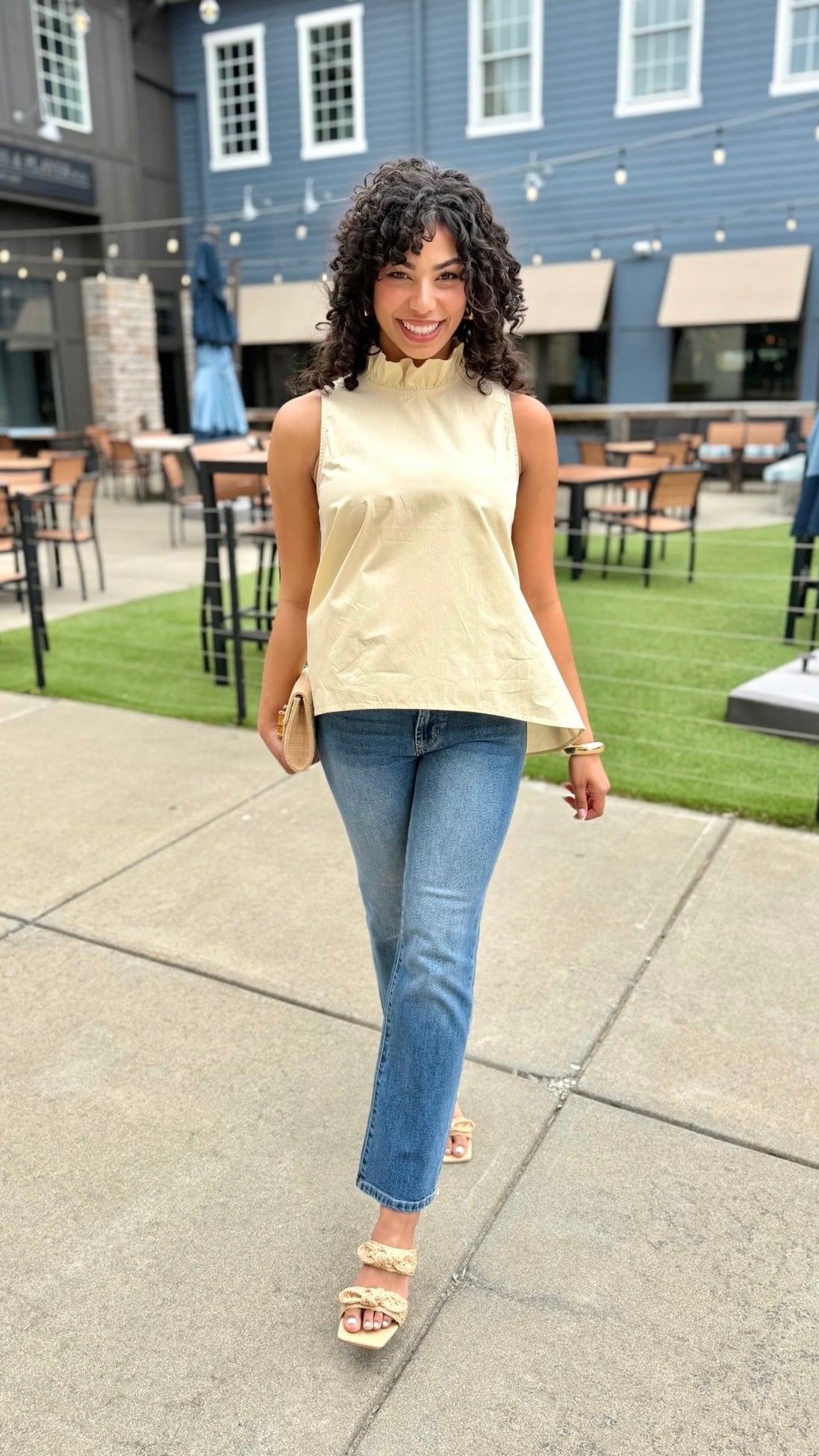 Ruffle Neck Tie Back Top - Latte