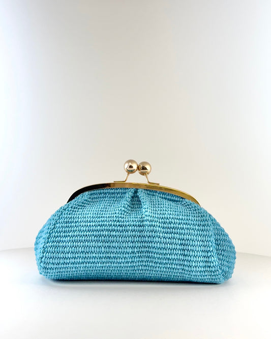 Italian Leather & Raffia Clutch - Turquoise