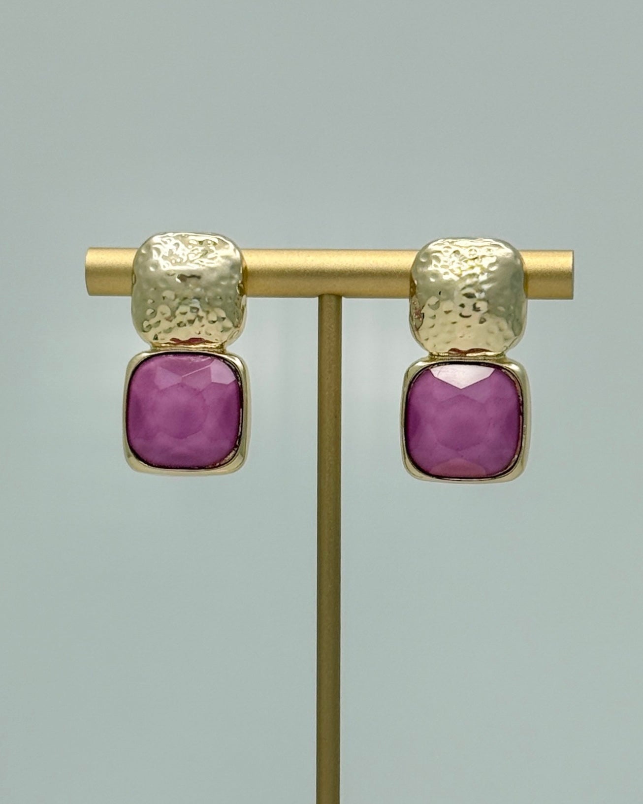Bold Square Stone Earrings - Magenta