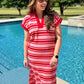 PINK WITH RED STRIPE MIDI DRESS