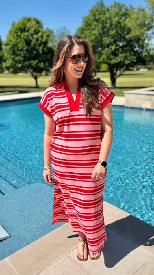 PINK WITH RED STRIPE MIDI DRESS
