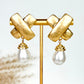 Gold Criss Cross Pearl Drop Earrings