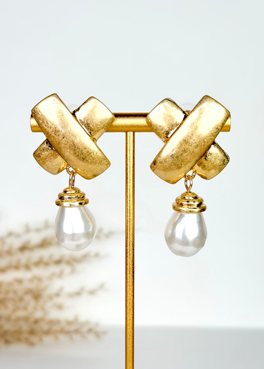Gold Criss Cross Pearl Drop Earrings