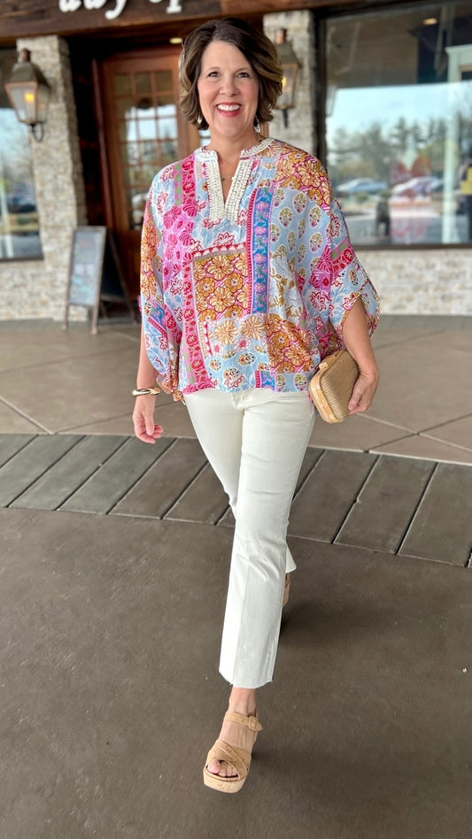 Dolman Sleeve Mixed Print Top - Blue