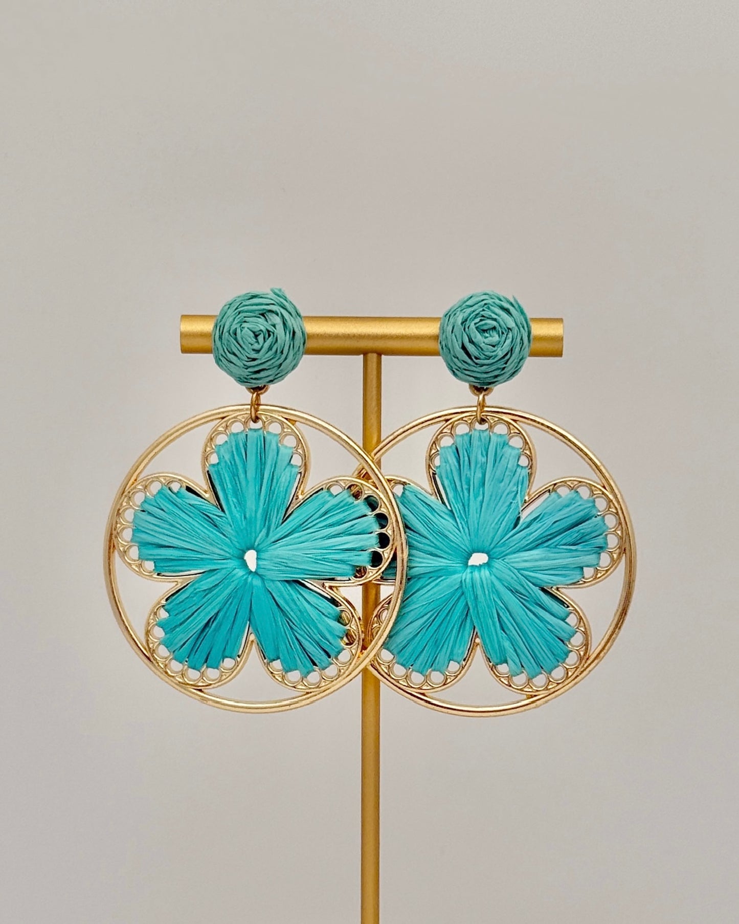 Raffia Flower Earrings - Turquoise