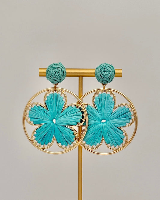 Raffia Flower Earrings - Turquoise