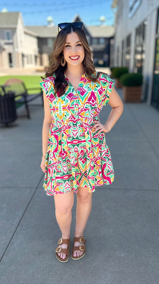Multicolor Abstract Tiered Dress