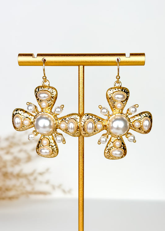 Vintage Gold Cross Peal Earrings
