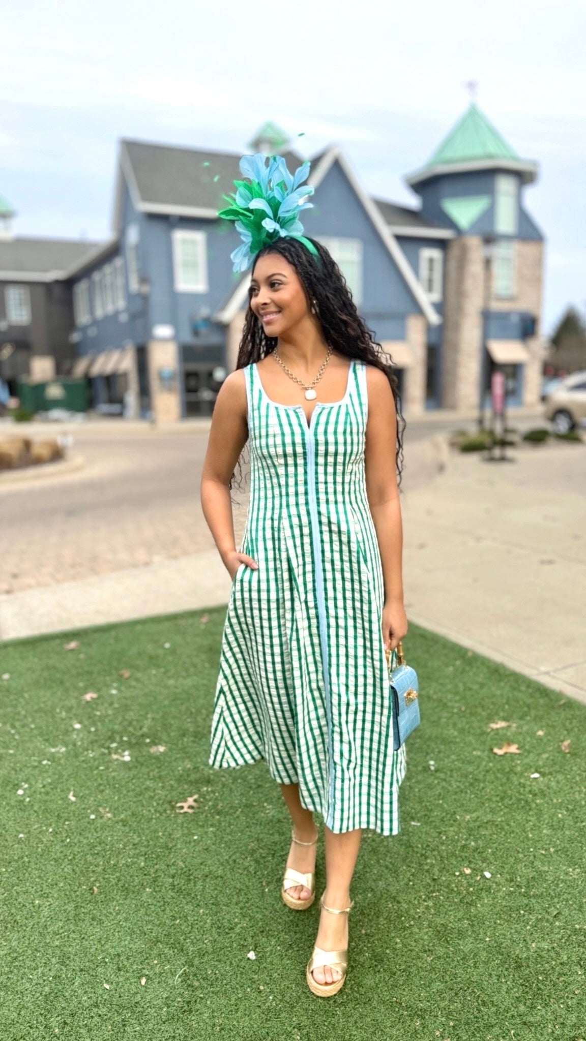 Melanie Gingham Check Midi Dress - Kelly Green