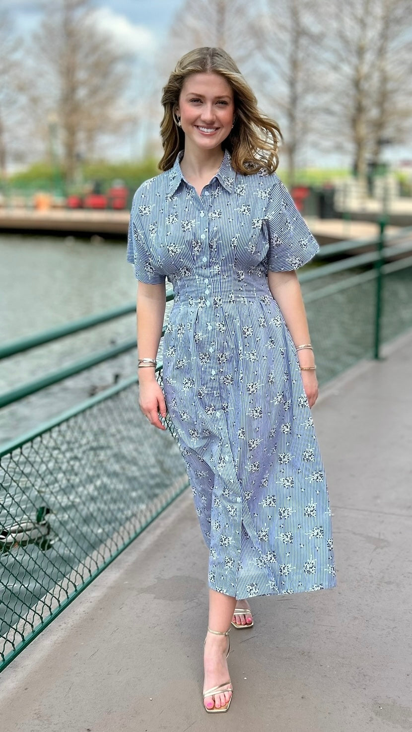 Melissa Floral Midi Dress - Navy and White