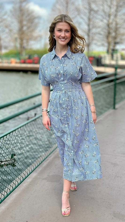 Melissa Floral Midi Dress - Navy and White