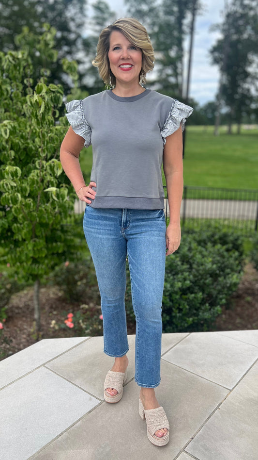 Striped Flutter Sleeve Sweatshirt - Gray