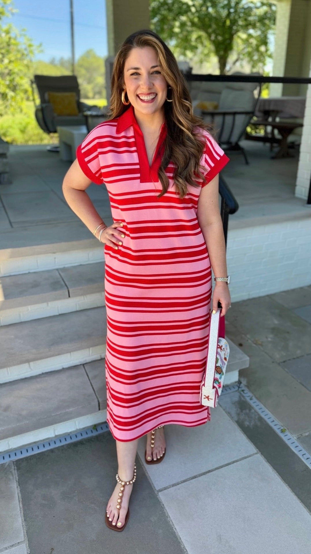 PINK WITH RED STRIPE MIDI DRESS