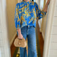 Floral Ruffle Neck Blouse - Blue