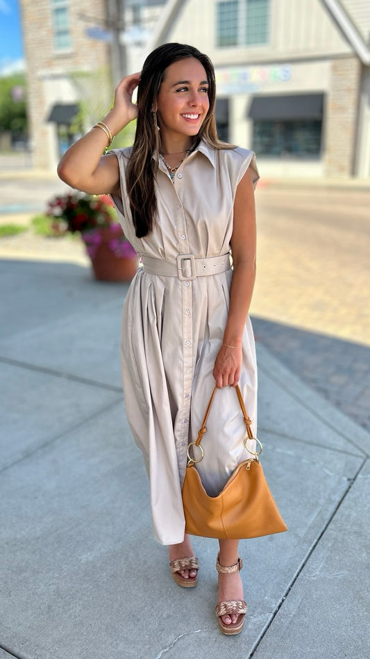 Blissful Belted Midi Dress - Taupe