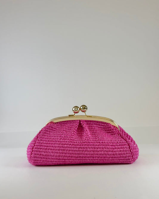 Italian Leather & Raffia Clutch - Hot Pink