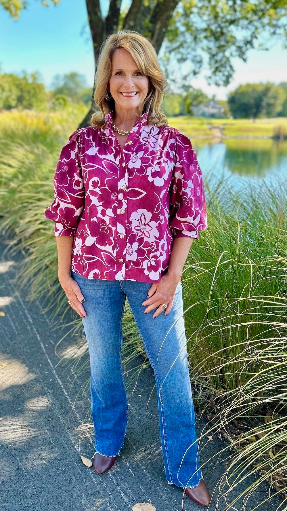 Wine & Pink Floral Button Top