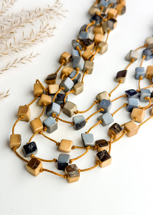 Tagua Julie Sqaure Beaded Necklace - Blue / Brown