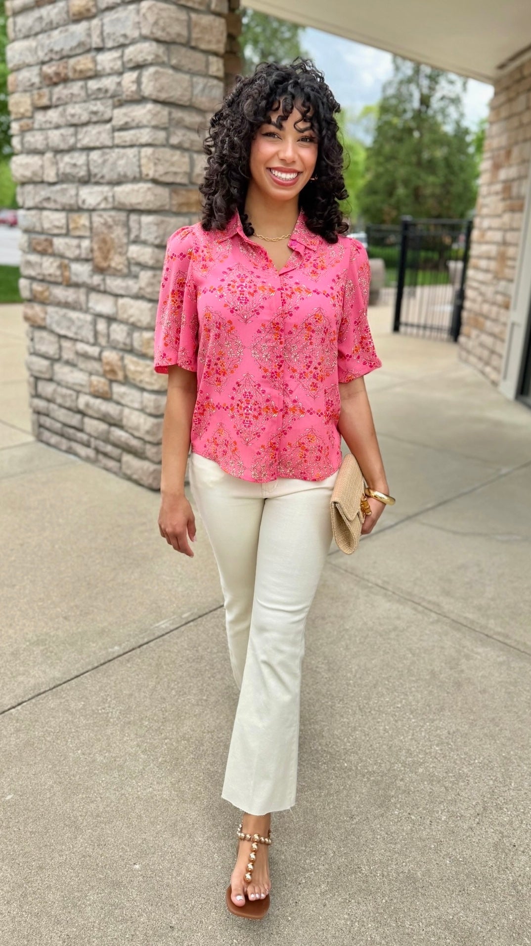 Pink Floral Button Up Short Sleeve Blouse