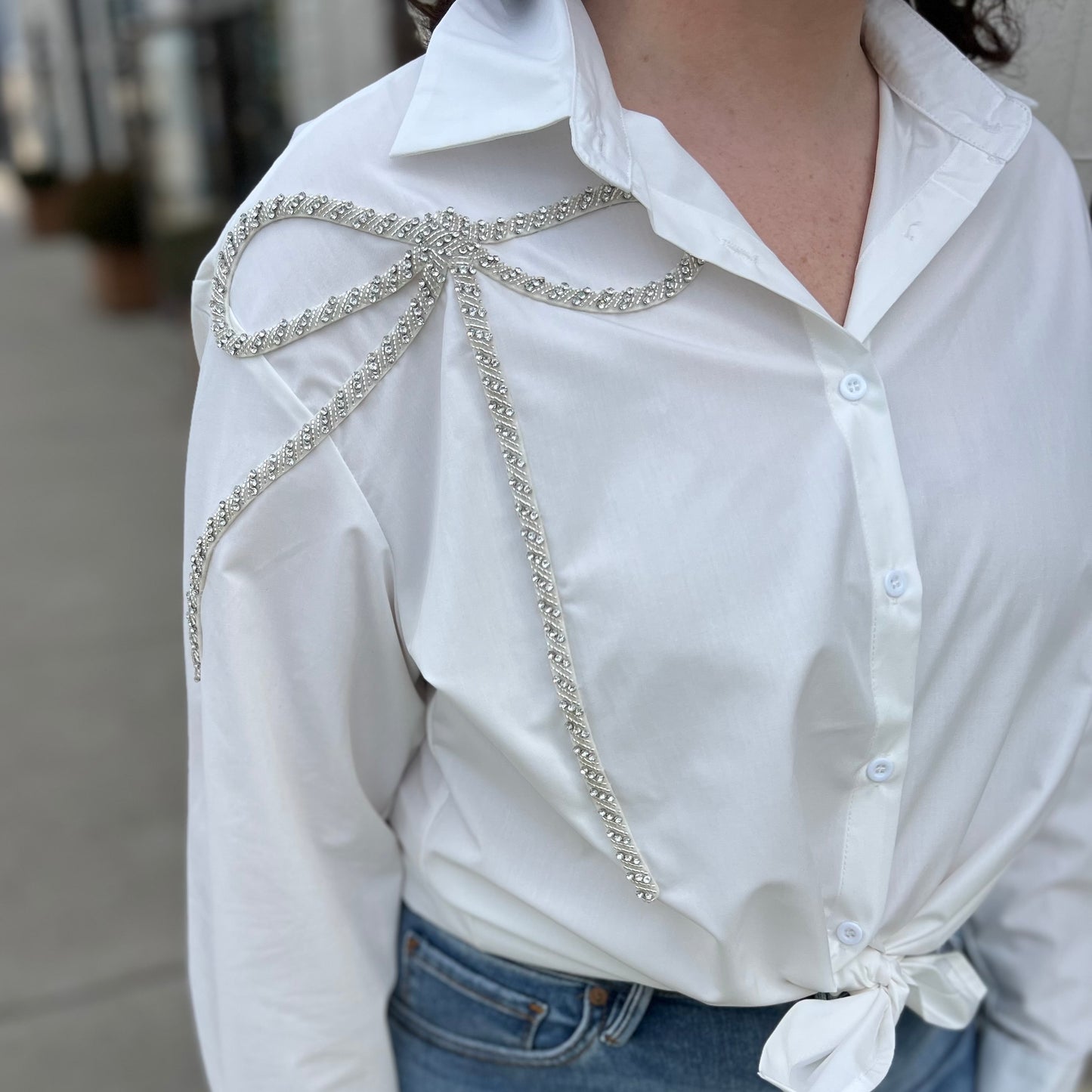 Bling Bow Button Up Blouse - White