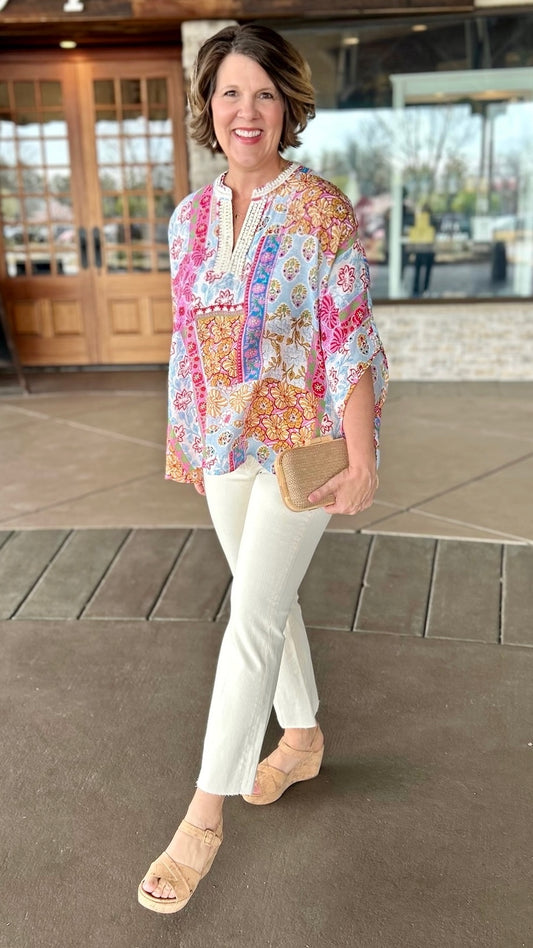 Dolman Sleeve Mixed Print Top - Blue