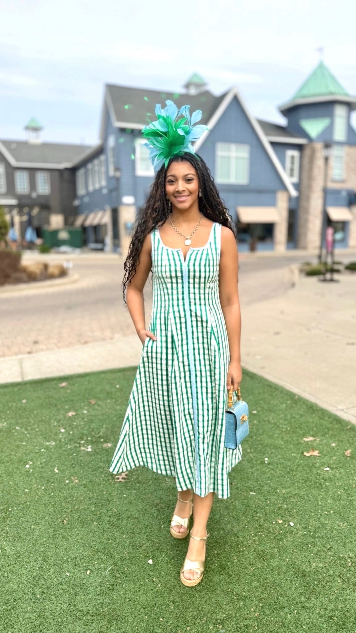 Melanie Gingham Check Midi Dress - Kelly Green