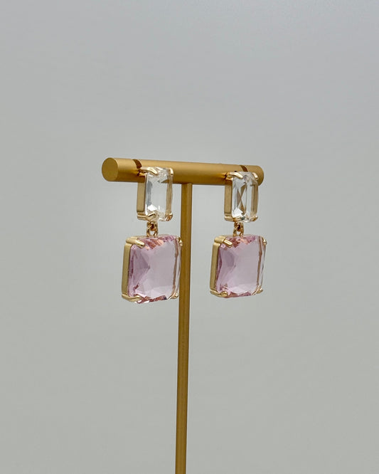 Clear & Pink Crystal Square Drop Earrings