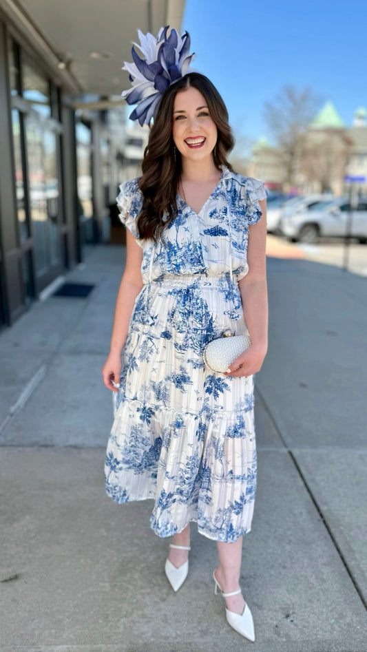 Lila Blue Rose Midi Dress With Belt
