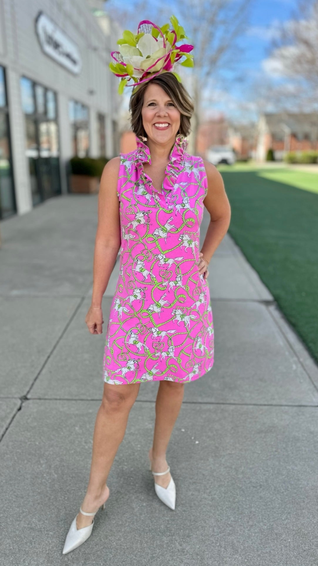 Tabi Horse Bit Ruffled Neck Dress - Pink & Lime