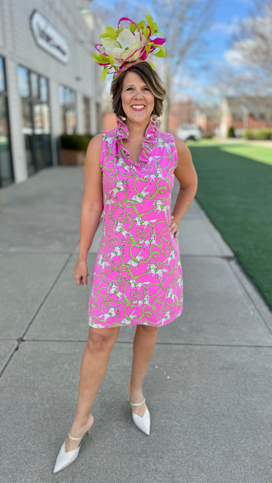 Tabi Horse Bit Ruffled Neck Dress - Pink & Lime