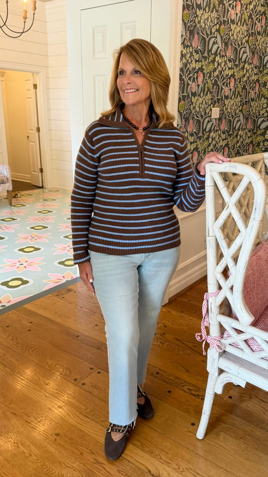 Jenavive Stripe Quarter Zip Sweater - Brown & Dusty Blue