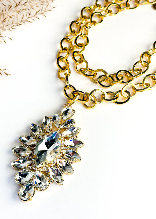 Crystal Clear Layered Link Necklace - Gold