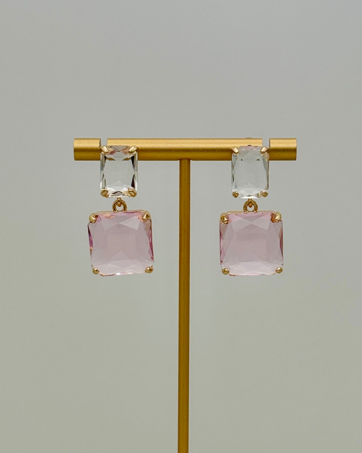 Clear & Pink Crystal Square Drop Earrings