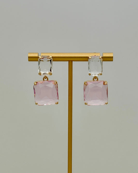 Clear & Pink Crystal Square Drop Earrings