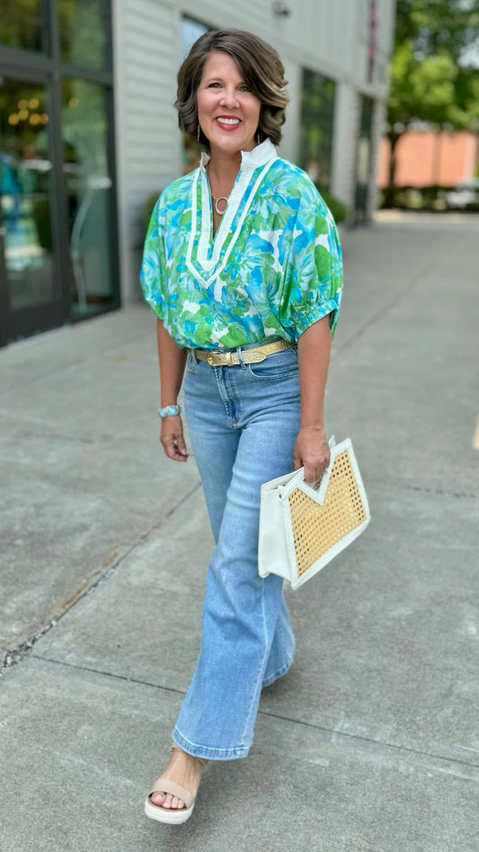 Green & Aqua Floral Print Blouse