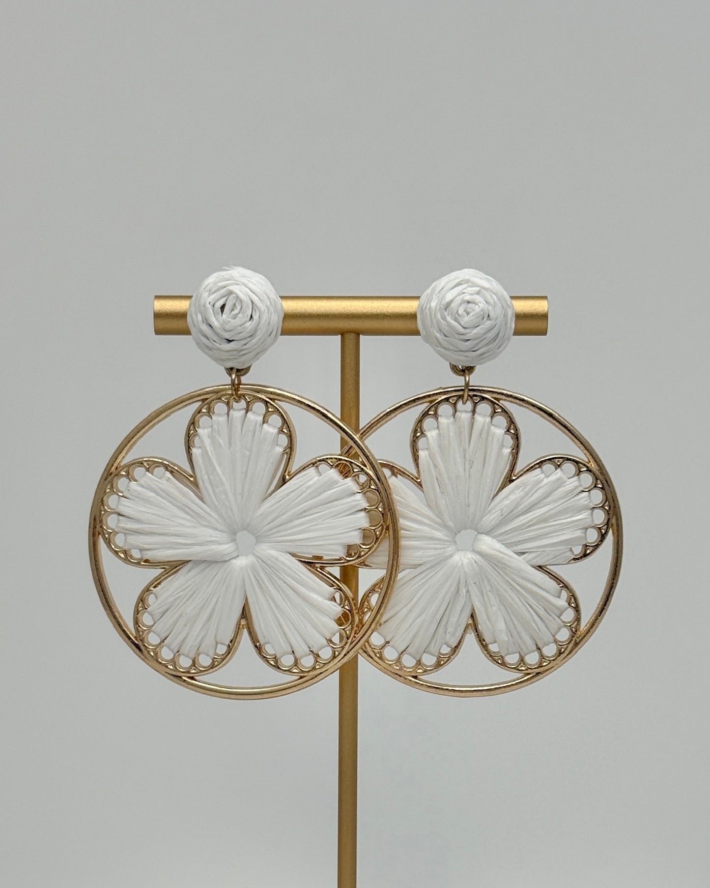 Raffia Flower Earrings - White