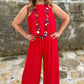 Red Crepe Wide Leg Pants