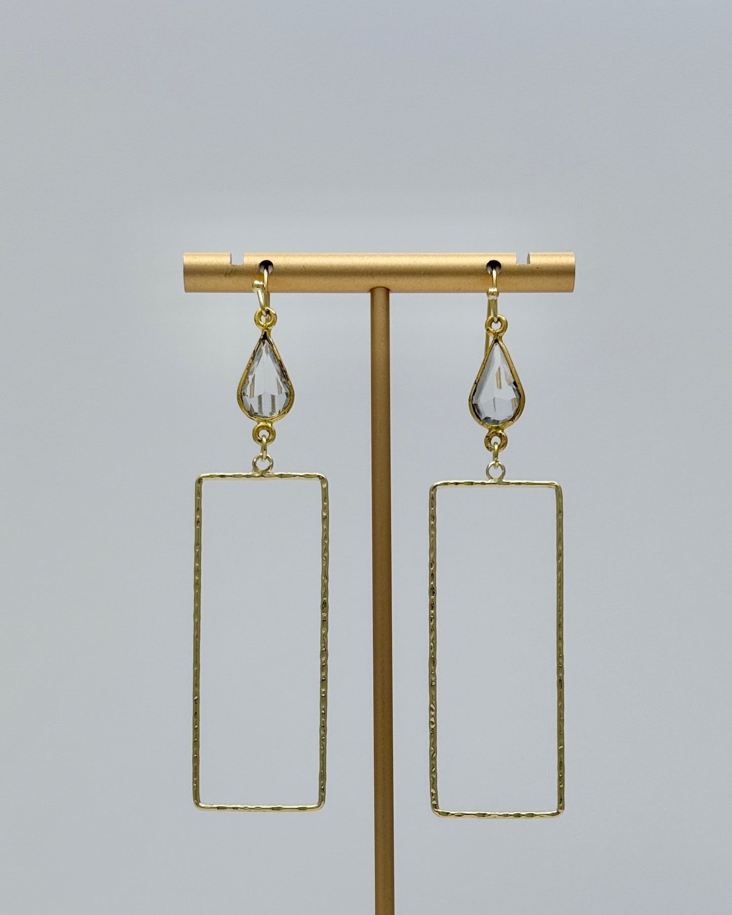 Gold Long Rectangle & Crystal Earrings