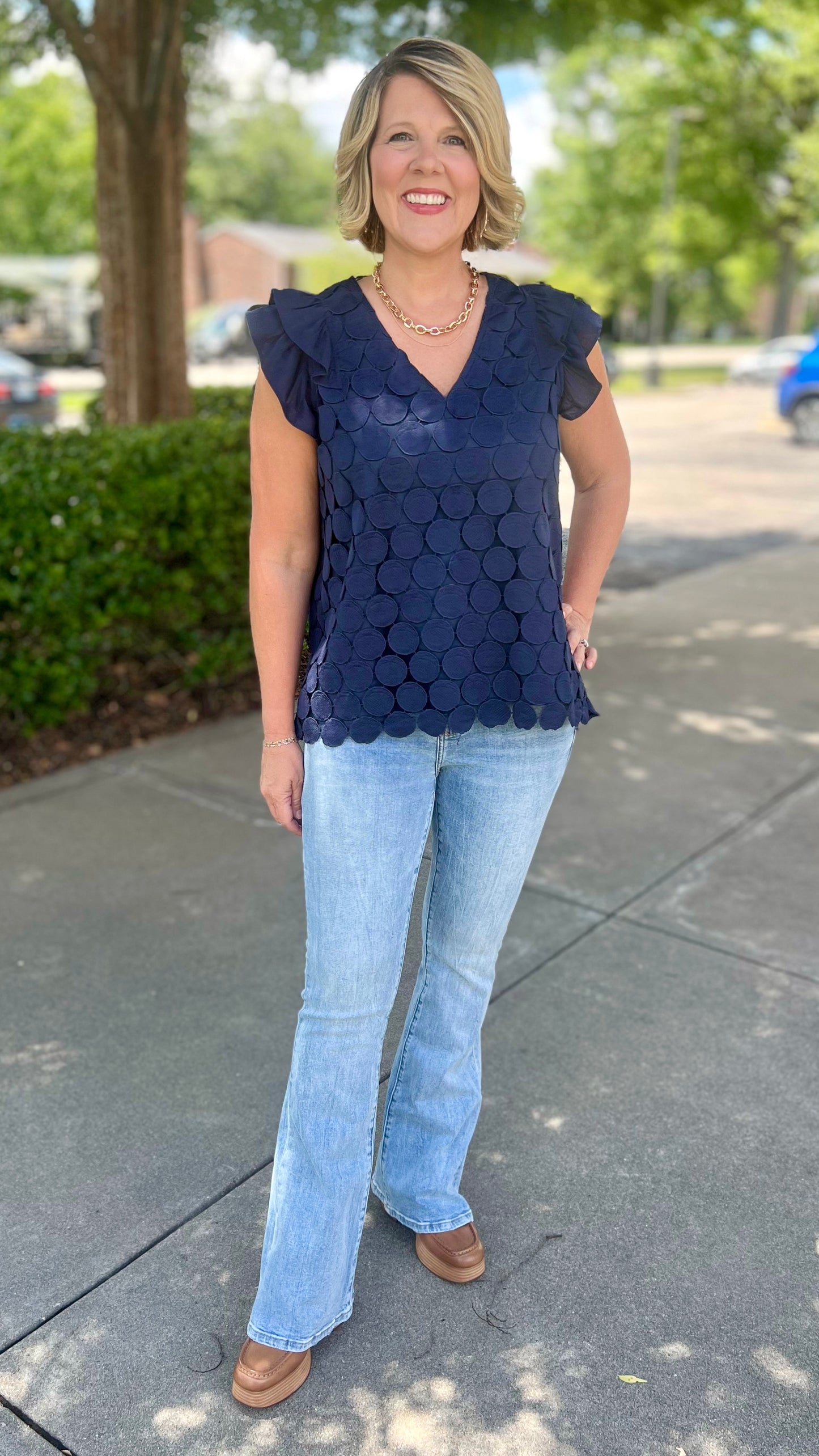 Navy Dotty Flutter Sleeve Top