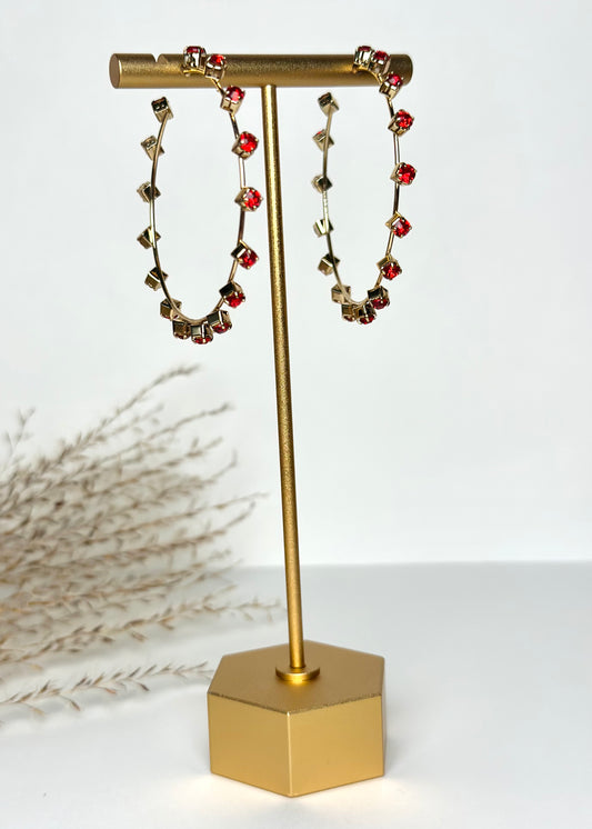 Large Gold Crystal Hoop Earrings - Red