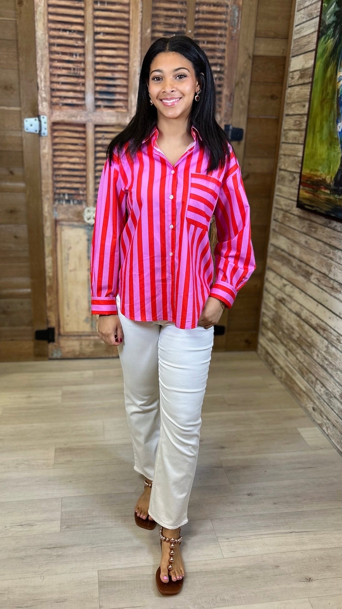 Louise Button Up Top - Red/Pink