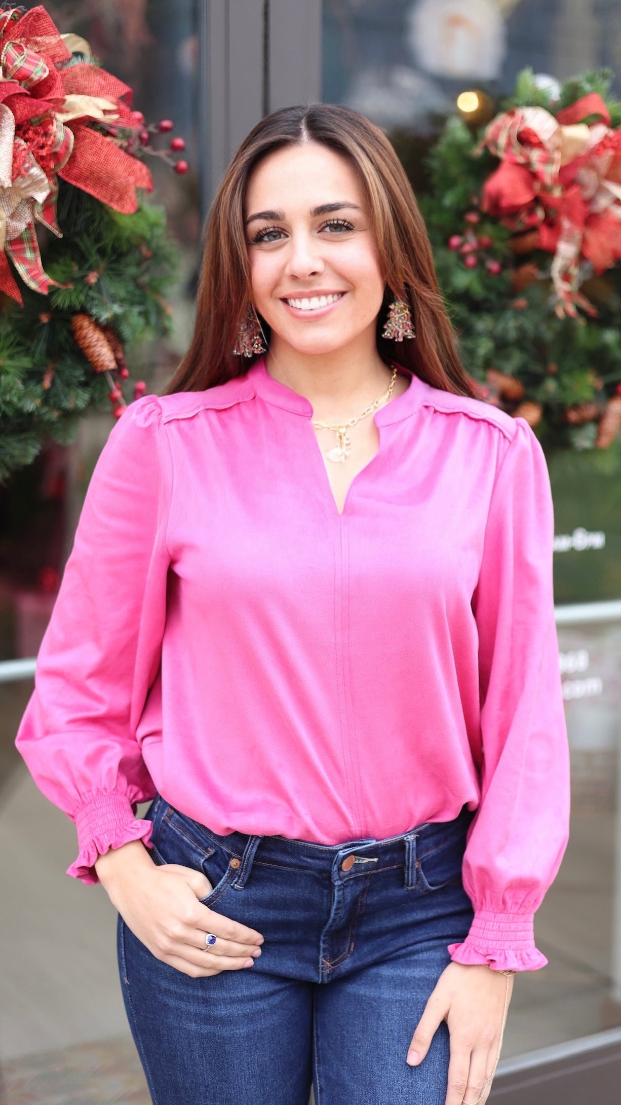Ivy Jane Long Sleeve Suede Top - Hot Pink