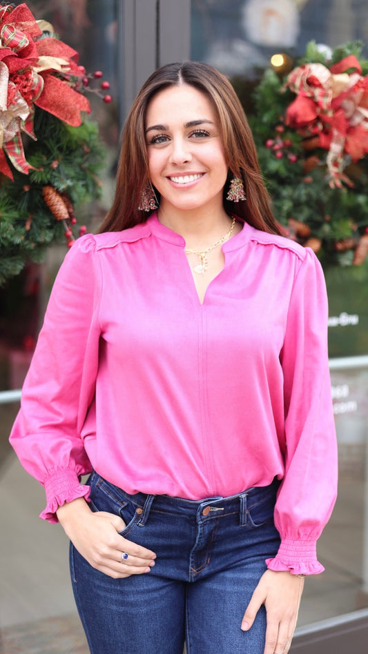 Ivy Jane Long Sleeve Suede Top - Hot Pink