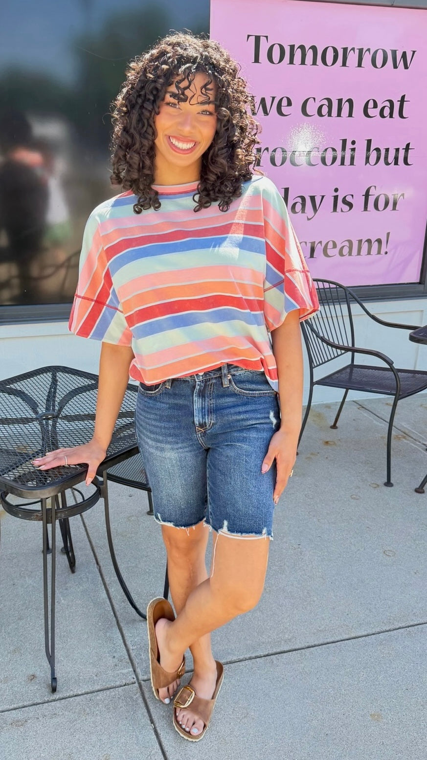 MINERAL WASHED MULTI STRIPE TOP - BLUE