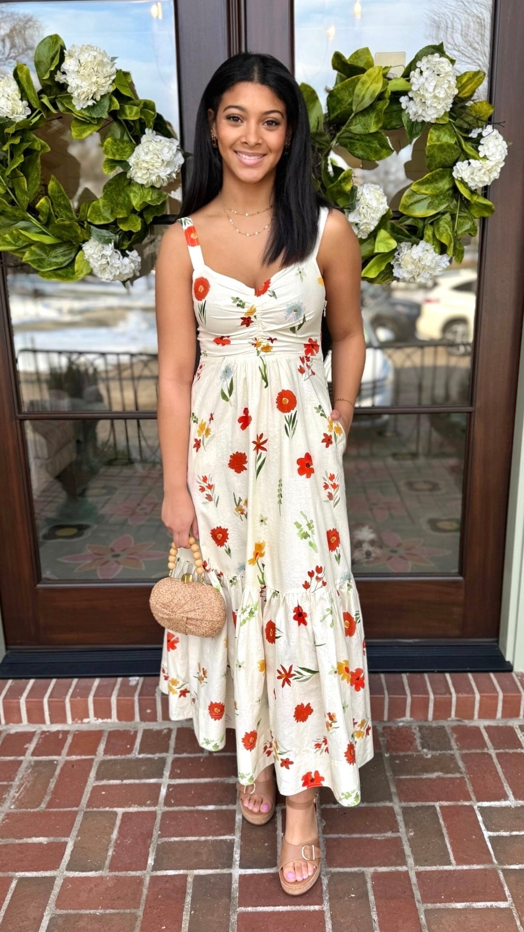 Marie Poppy Midi Dress - Ivory